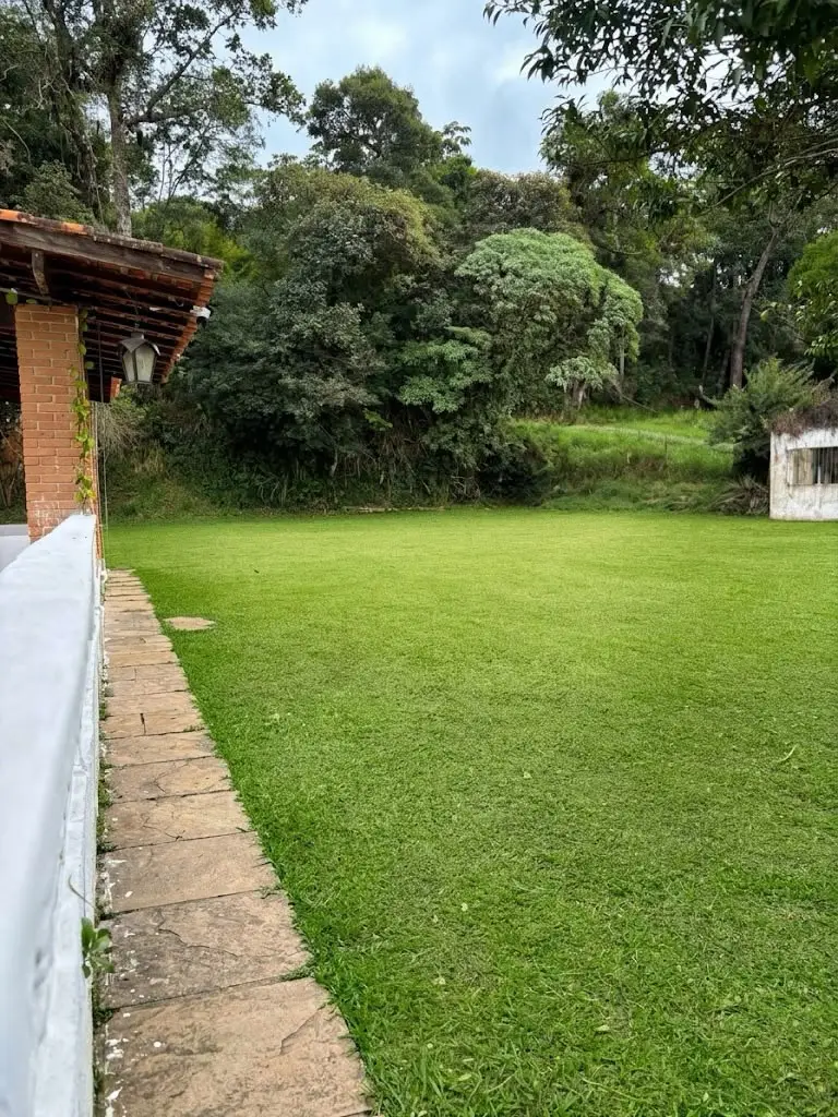 Estacionamento num gramado amplo ao lado da área coberta, com mata ao fundo